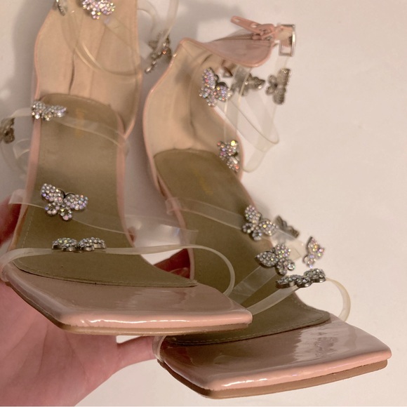 Lemonade Rhinestone Butterfly Stiletto Tall High Heel Clear Strap Square Toe 8.5 - Picture 11 of 16